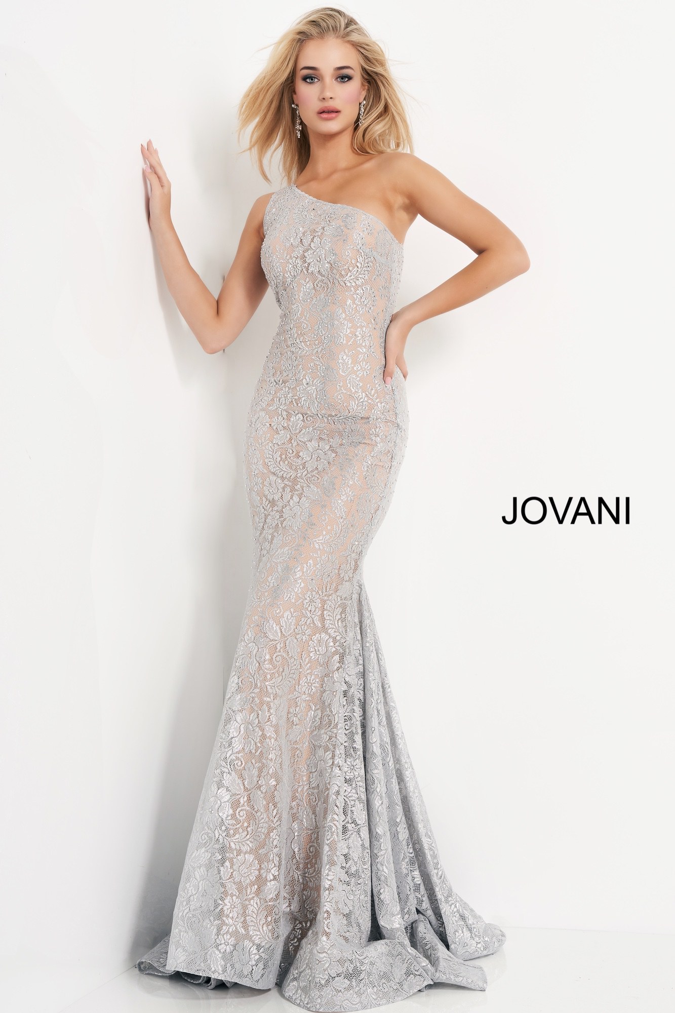 Jovani 00353 | Silver Lace Embellished Sleeveless Prom Dress