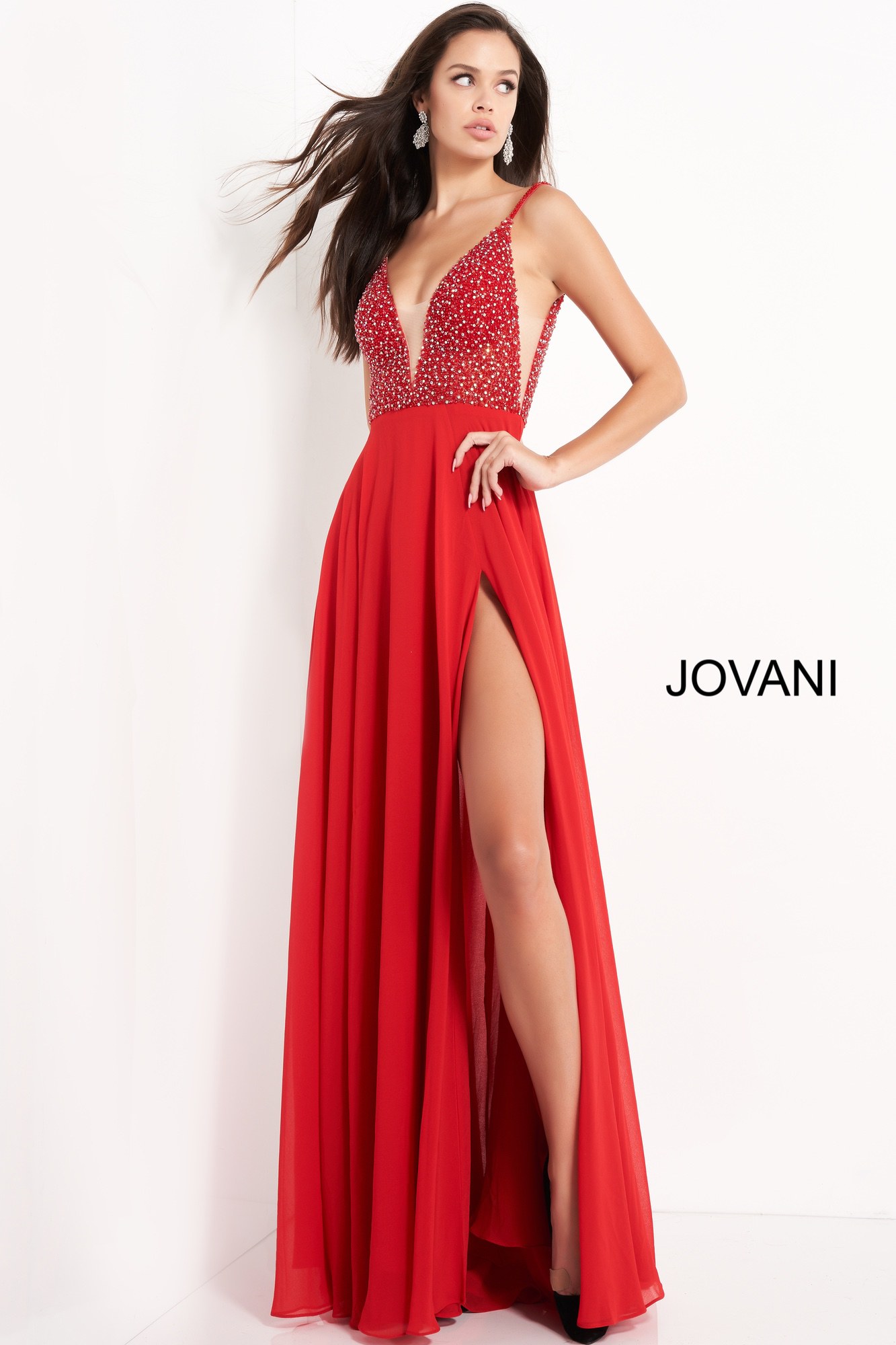 Jovani 04091 Red Chiffon High Slit Skirt Prom Dress