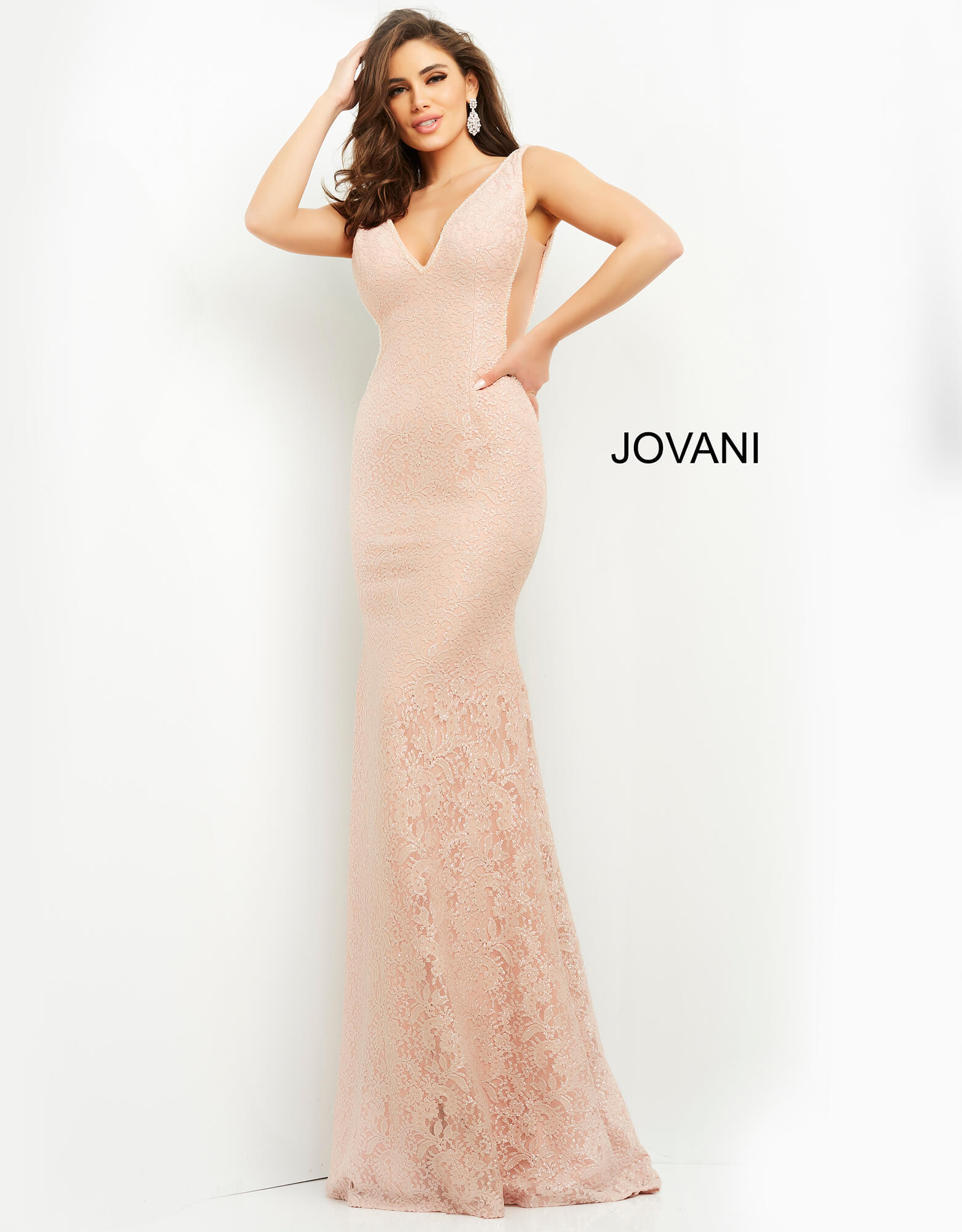 Jovani 04885 | Blush Long Fitted V Neck Prom Dress