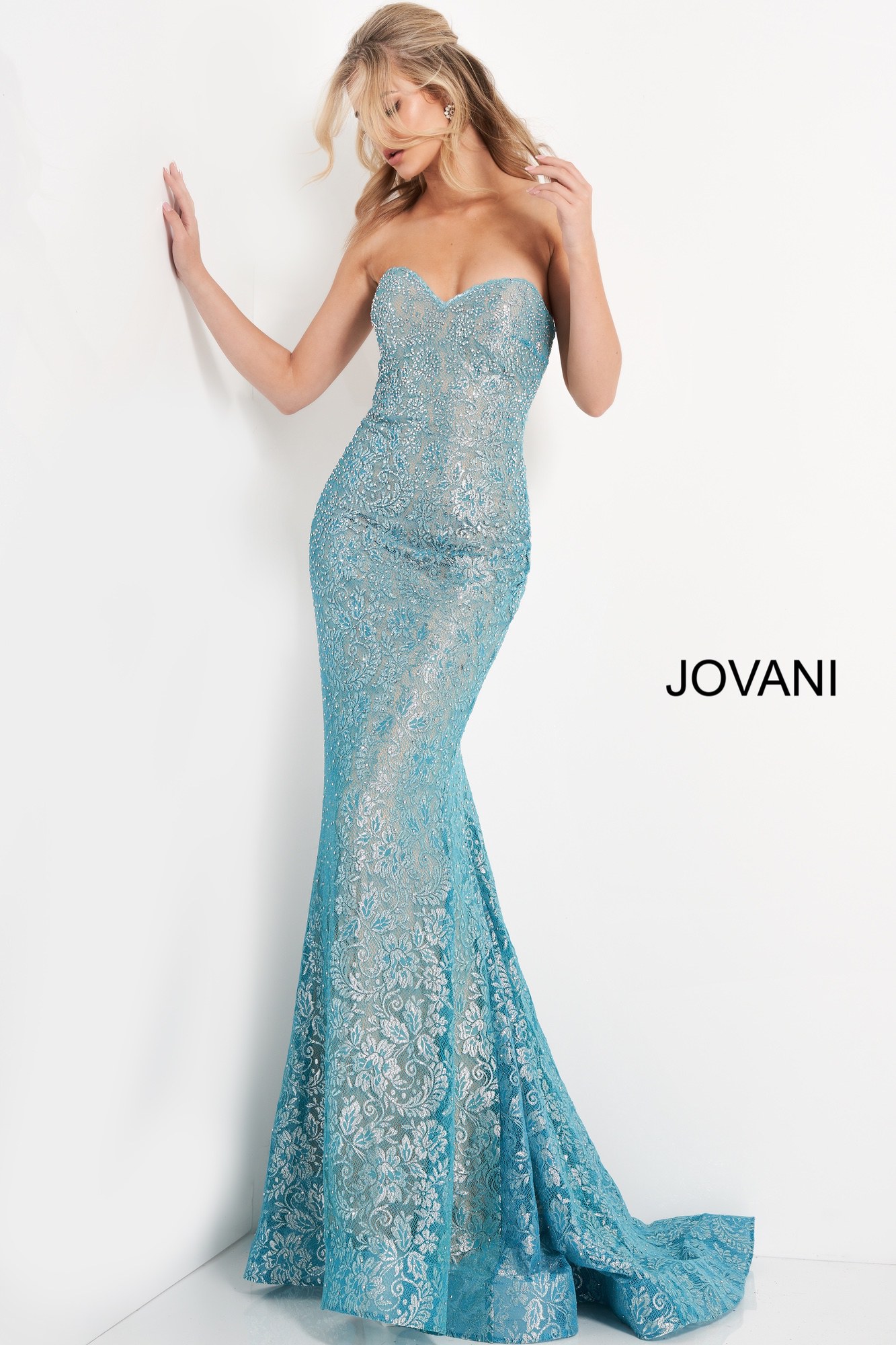 Jovani 06586 Turquoise Silver Tie Back Fitted Prom Dress