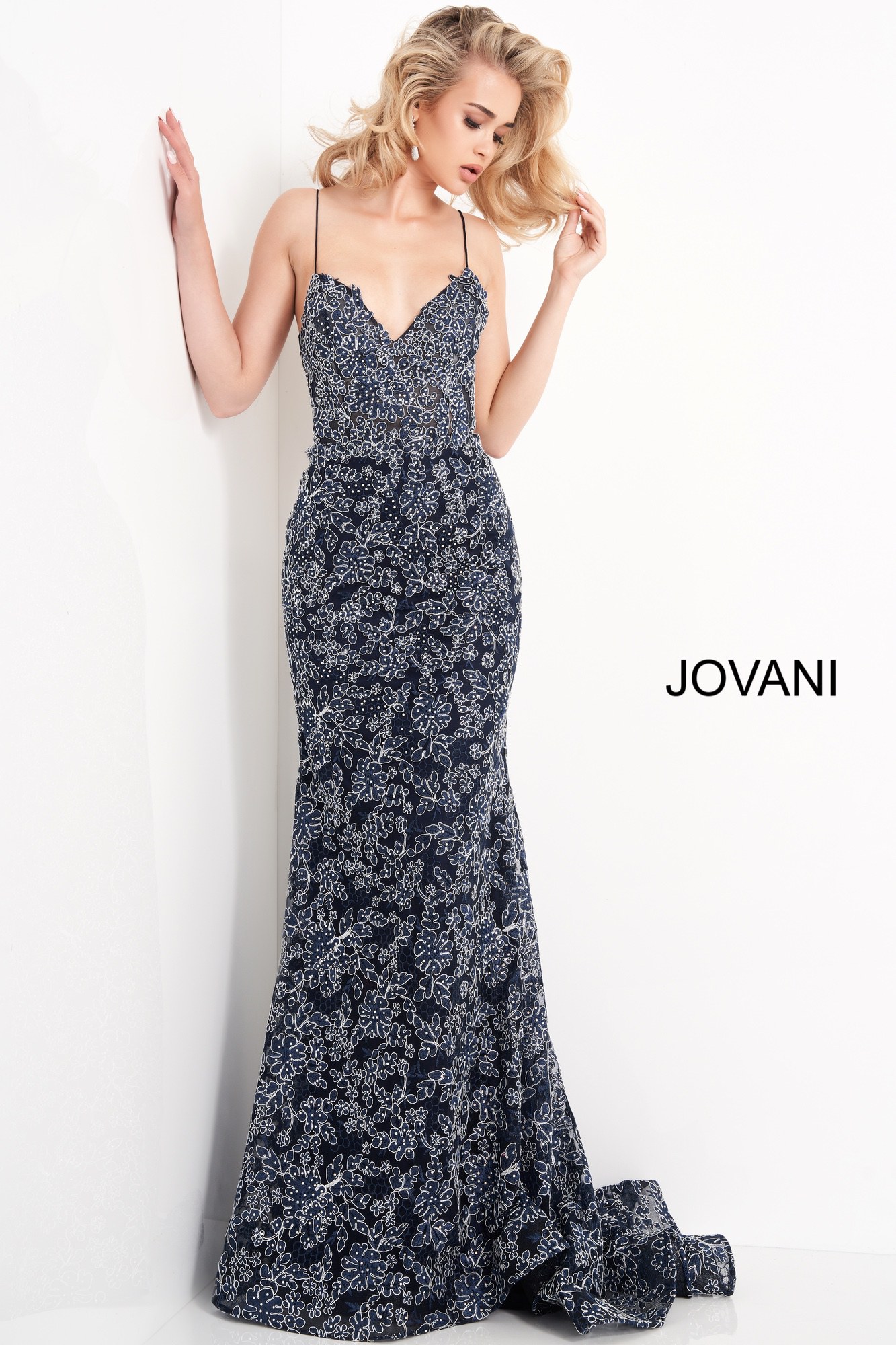 Jovani 06591 | Navy Lace Applique Embellished Prom Dress