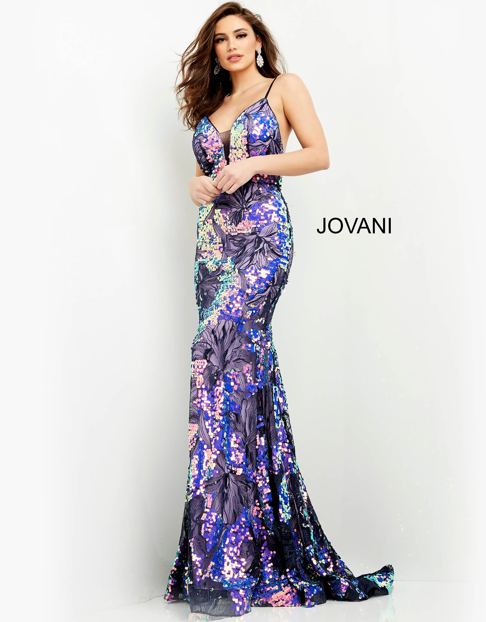 Jovani 06656 Purple Multi Fitted Long Open Back Prom Dress 2215