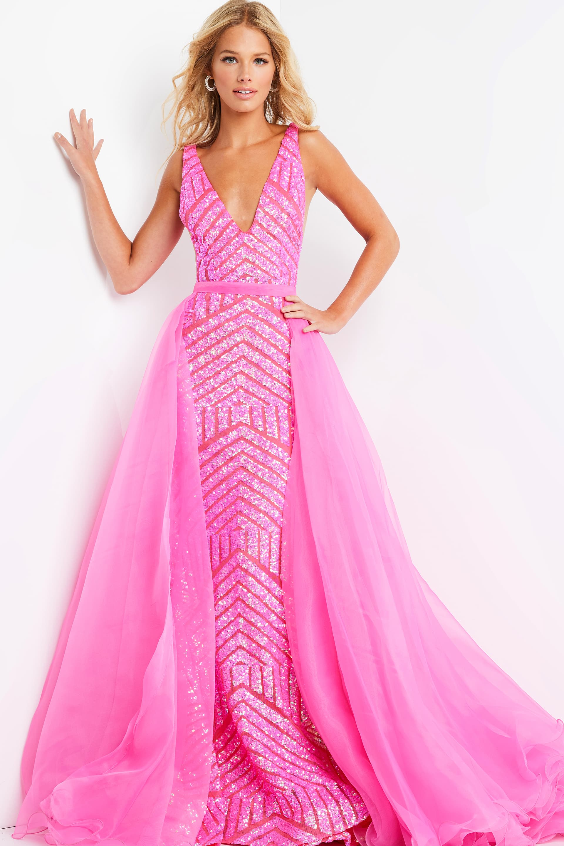Jovani Dress Jovani Hot Pink Sequin Embellished Prom Gown