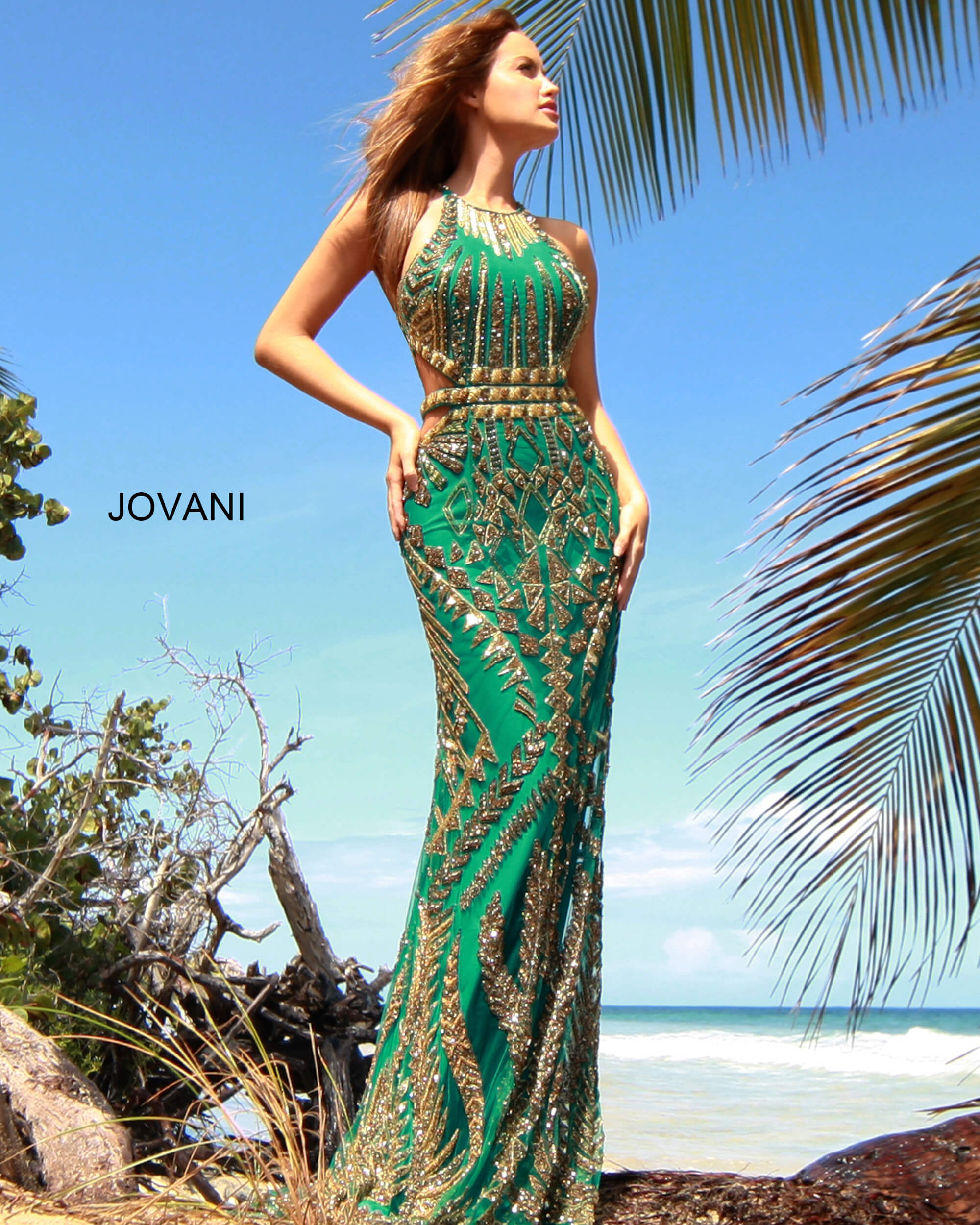 Jovani Dress 2720 Green and Gold Fitted Embellished Dress
