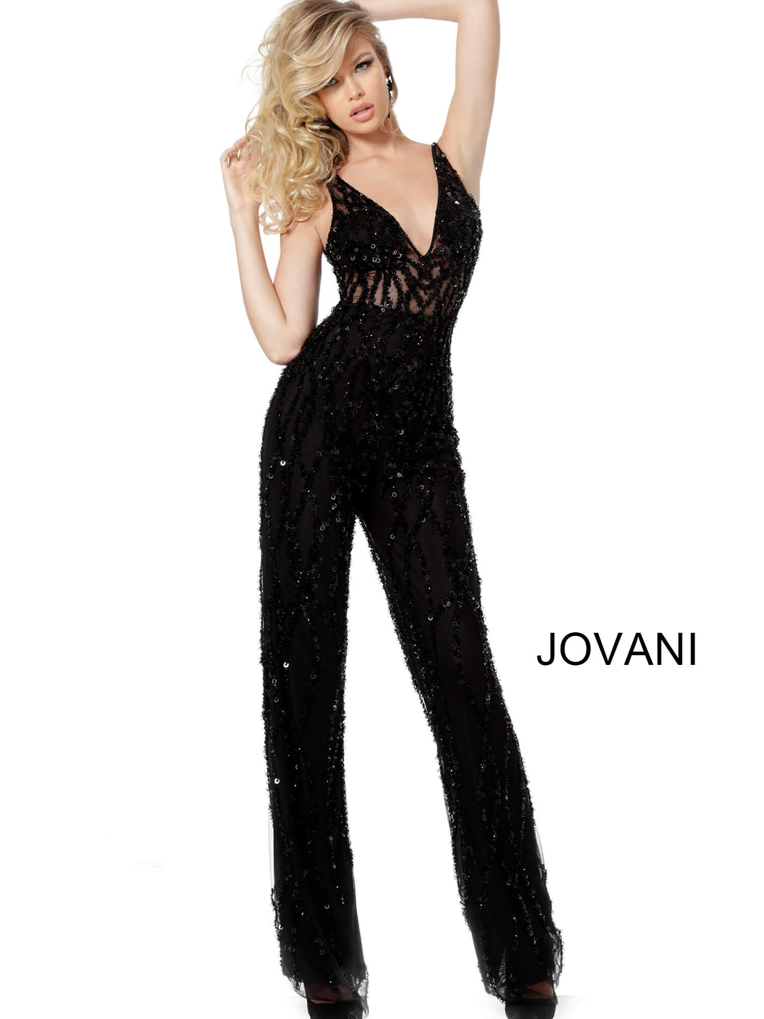 Jovani 65330 | Black Embellished V Neck Sleeveless Jumpsuit