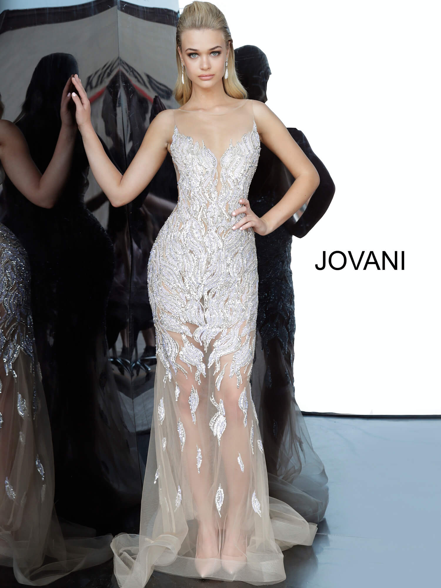 Jovani 67786 | Silver nude sheer embellished sexy prom dress