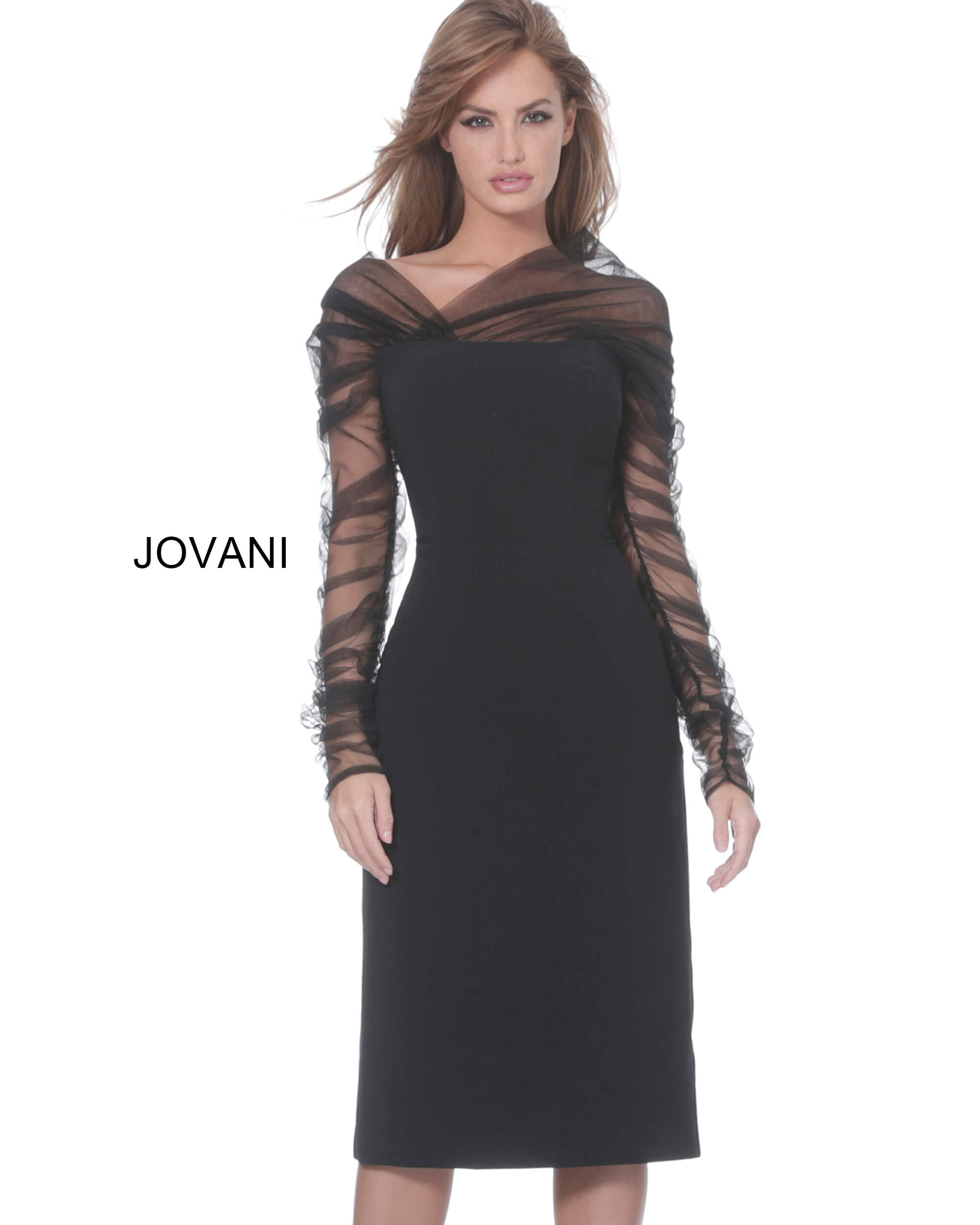 Buy > short black cocktail dress with long sleeves > in stock