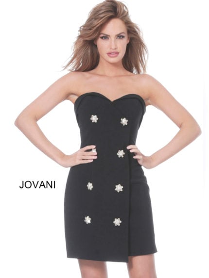 Model wearing Jovani 00411 black dress with floral embellishments and sweetheart neckline.