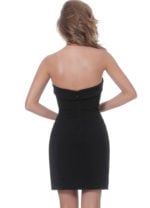 Back view of model wearing Jovani 00411 black dress showcasing elegant strapless design.