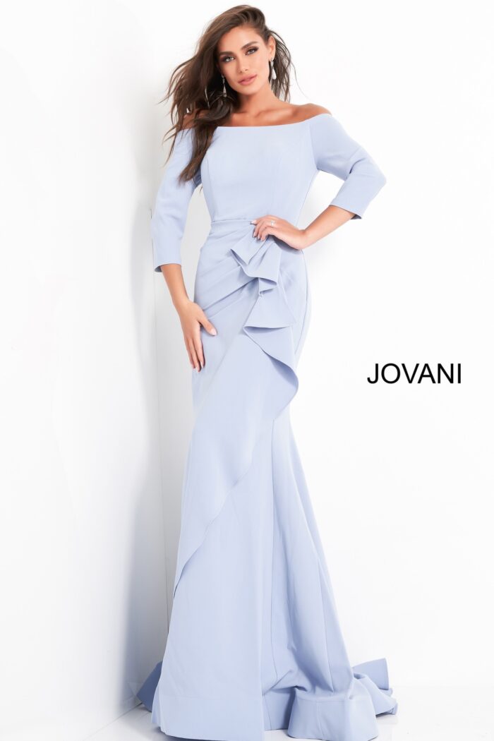 Model wearing Jovani 00446 Off the Shoulder Ruched Dress