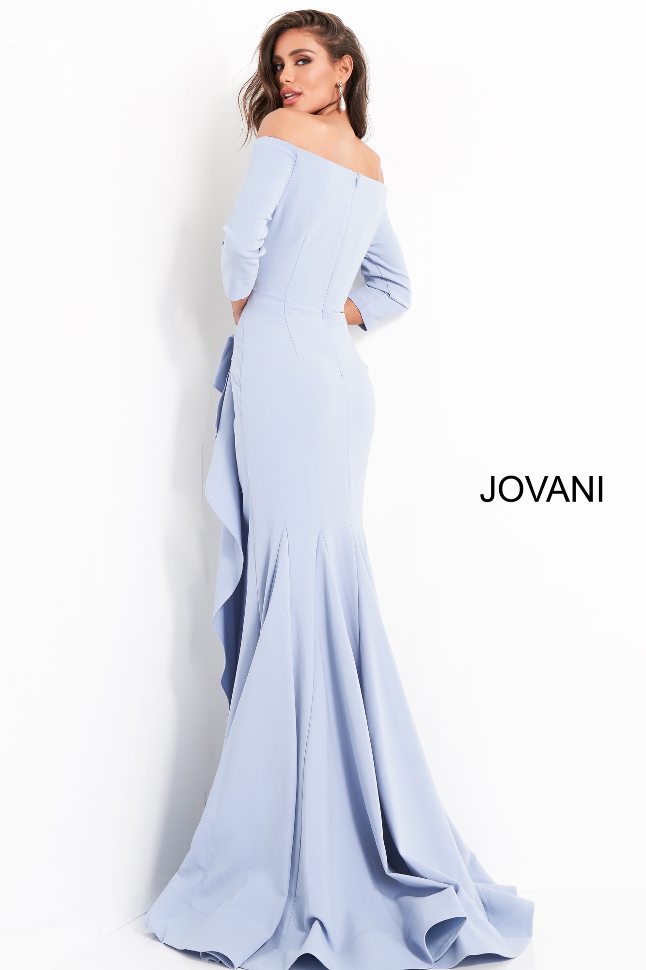 Jovani 00446 Light Blue Sheath Off the Shoulder Evening Dress