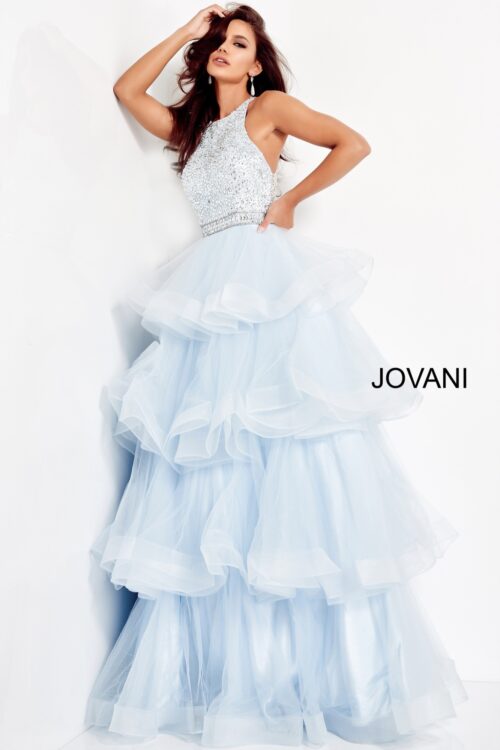 Model wearing Jovani 00461 Light Blue Embellished Bodice Prom Ballgown