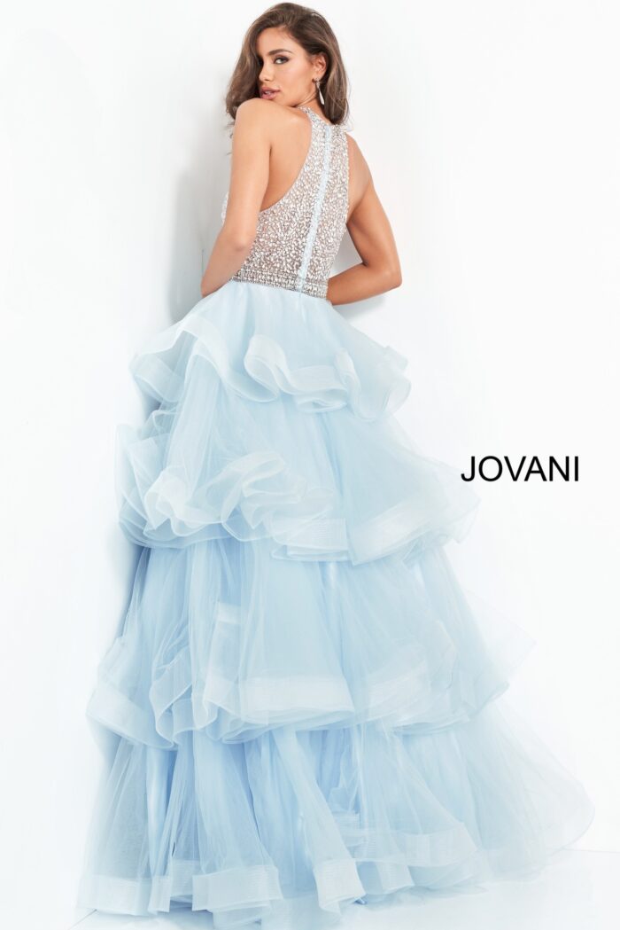 Model wearing Jovani 00461 Light Blue Embellished Bodice Prom Ballgown