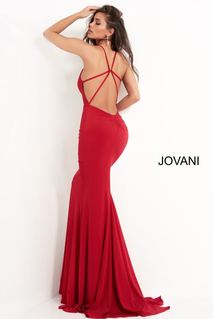 Model wearing V Neckline Fitted Jovani Gown 00512