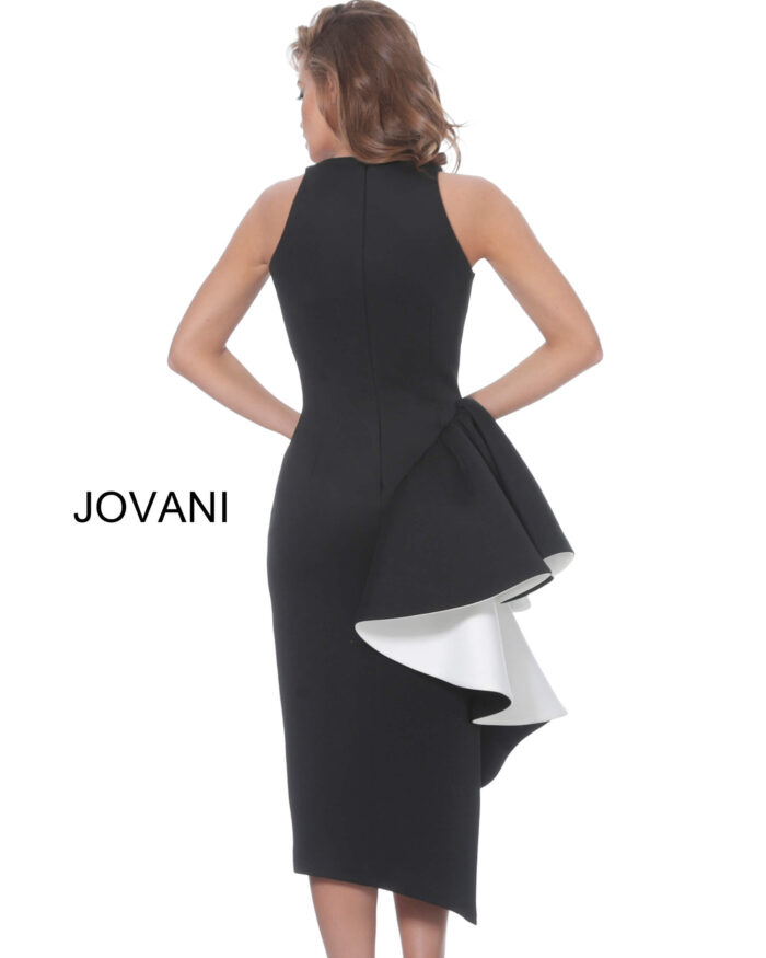Model wearing Jovani 00572 Black and White Elegant Fitted Cocktail Dress