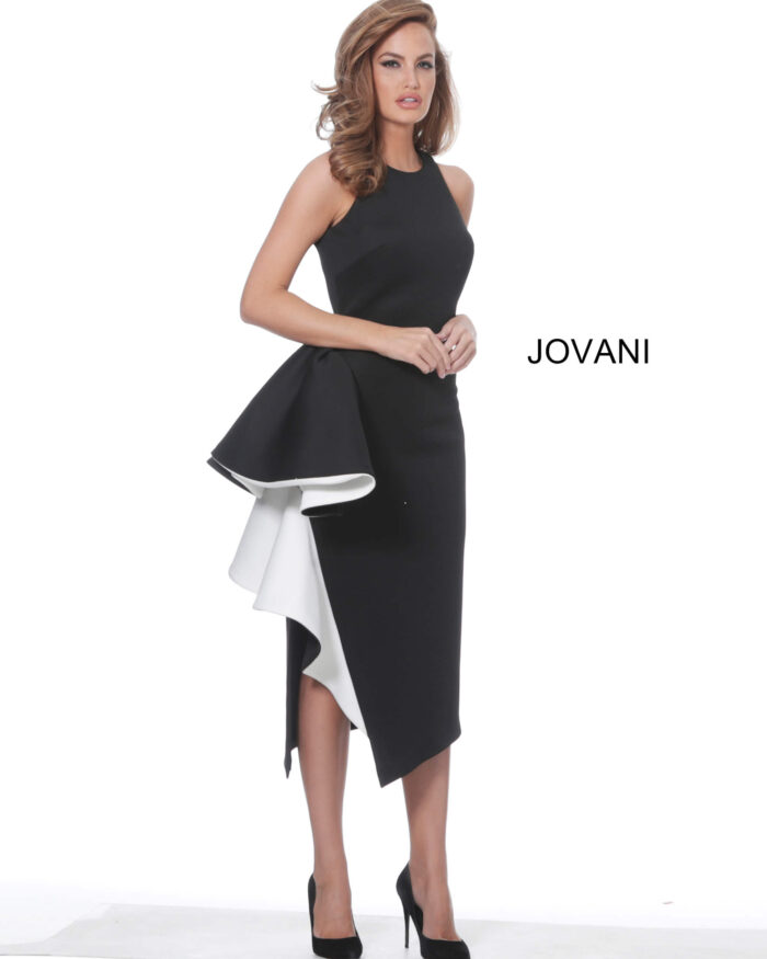 Model wearing Jovani 00572 Black and White Elegant Fitted Cocktail Dress