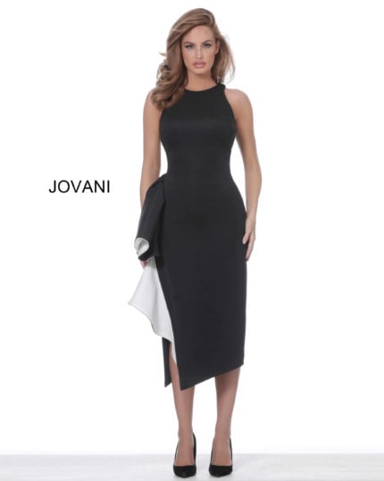 Model wearing Jovani 00572 elegant black fitted dress with ruffle.