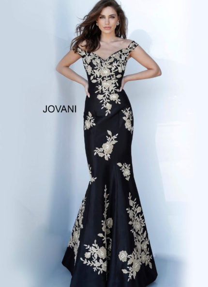 Model wearing Jovani 00635 black gown with gold floral embroidery, front view.