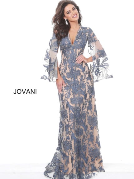 model wearing Jovani 00752 navy A-line gown with floral embroidery and bell sleeves