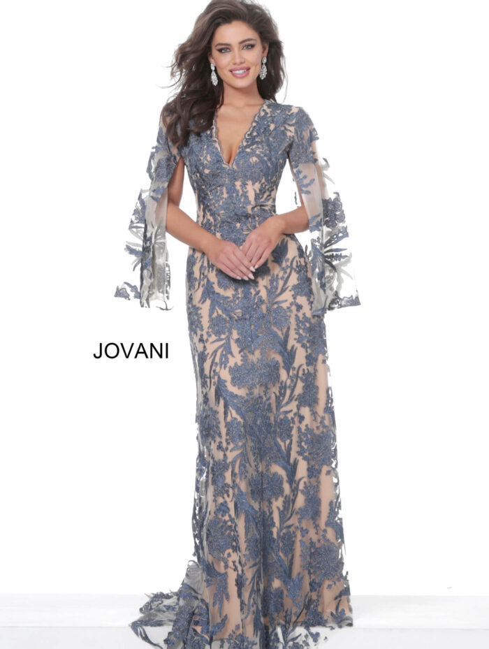 Model wearing Jovani 00752 Navy Nude V Neck Lace Mother of the Bride Dress