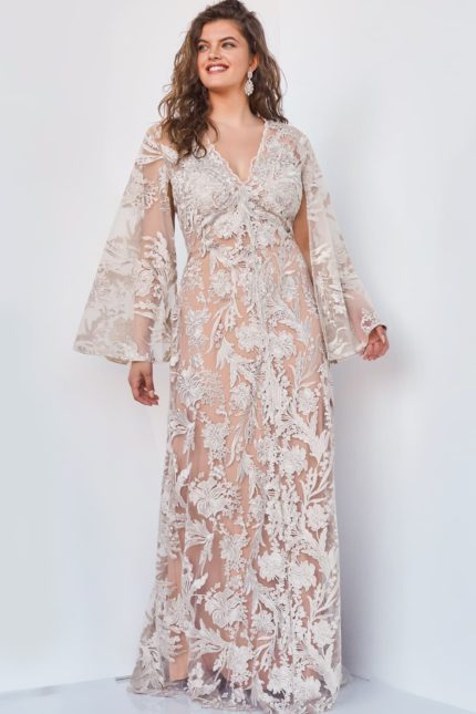 model wearing Jovani 00752 elegant beige A-line gown with floral embroidery and bell sleeves