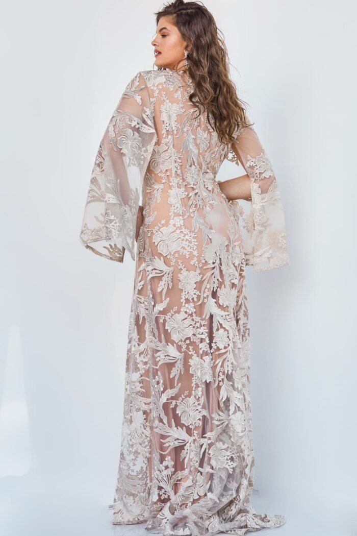 Model wearing Jovani 00752 Champagne Lace V Neck Plus Size Dress