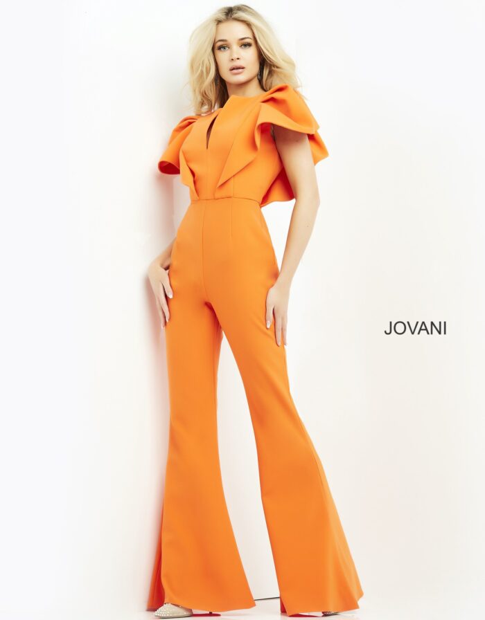 Model wearing Black Short Sleeve Jovani Jumpsuit 00762