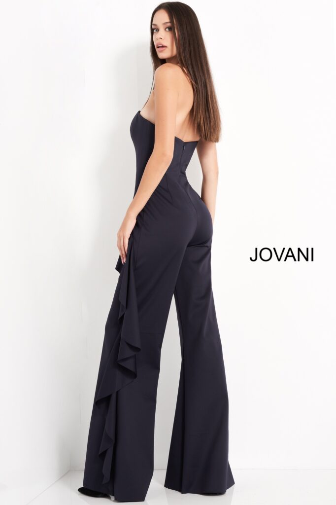 Jovani 00778 Navy Strapless Ruffle Evening Jumpsuit