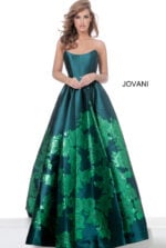 Front view of Jovani 02038 green ball gown with strapless neckline.