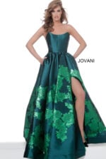 Front view of Jovani 02038 green ball gown showcasing floral details.