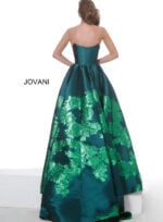 Back view of Jovani 02038 green ball gown with intricate floral embroidery.