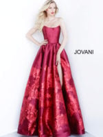 Front view of Jovani 02038 showcasing a strapless ball gown with floral details.