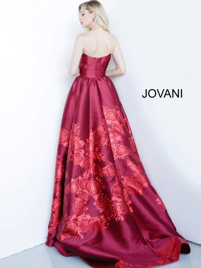 Model wearing Red Strapless Floral Prom Gown 02038