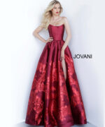 Full view of Jovani 02038 ball gown with rich floral detailing.