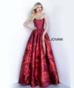 Jovani 02038 ball gown front view highlighting the floral embroidery.