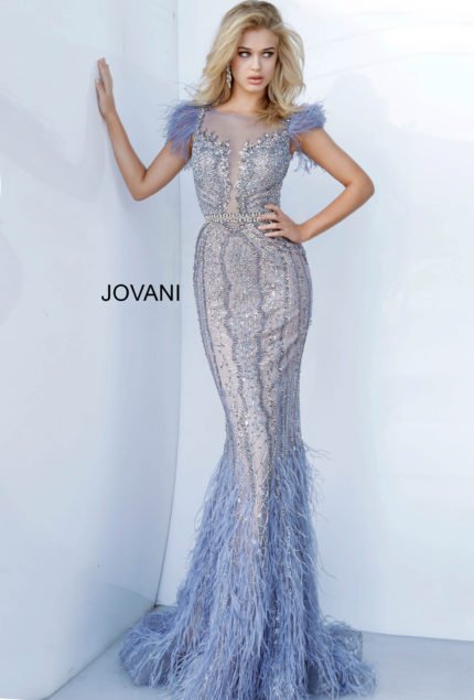 Model wearing Jovani 02326 vintage blue dress with sheer neckline and feathered sleeves.