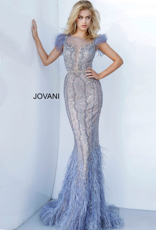 Model wearing Jovani 02326 Beaded Feather Embellished Dress