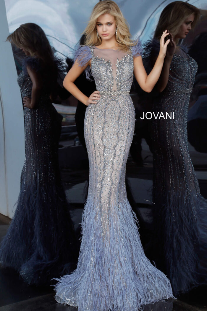 Model wearing Jovani 02326 Beaded Feather Embellished Dress