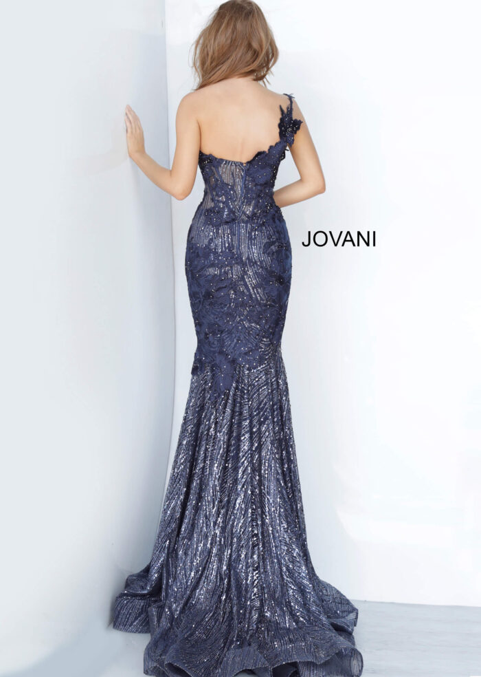 Model wearing Jovani 02445 One Shoulder Sweetheart Neck Evening Dress
