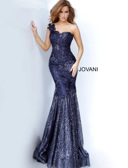 Model wearing Jovani 02445 navy gown with floral appliques and sequins.