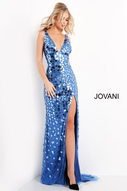 Model wearing Jovani 02479 blue gown with sequined design and high slit, front view.