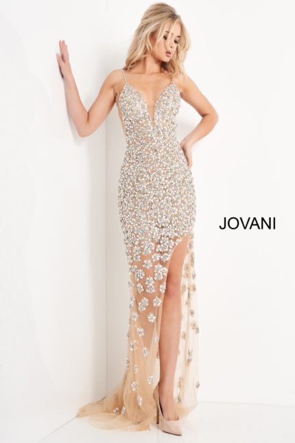 Model wearing Jovani 02492 nude gown with floral embellishments and a high slit, front view.