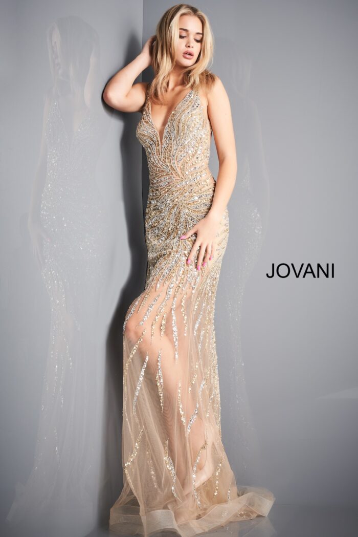 Model wearing Jovani 02504 Gold Silver Embellished Plunging Neckline Prom Dress