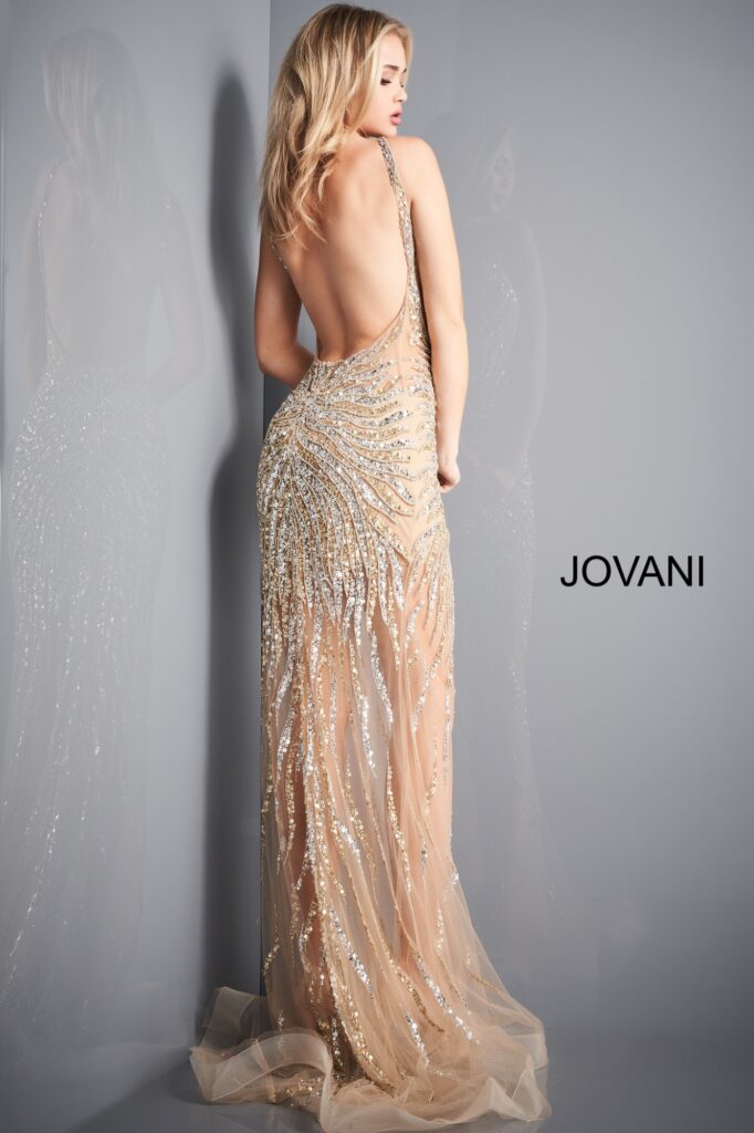 Jovani 02504 Gold Silver Embellished Plunging Neckline Prom Dress