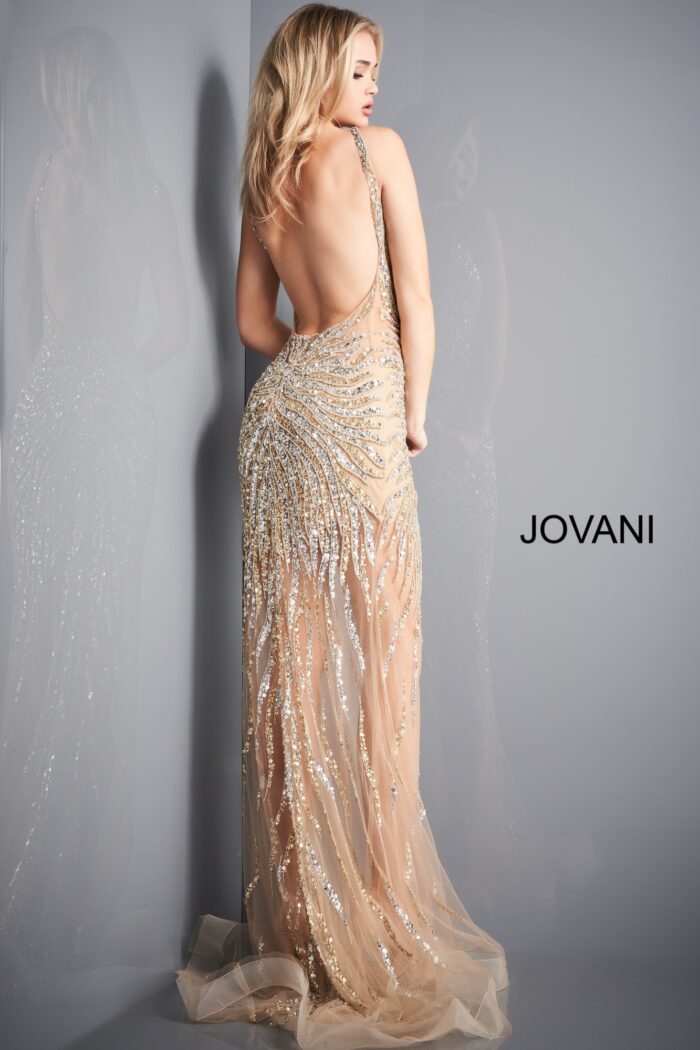 Model wearing Jovani 02504 Gold Silver Embellished Plunging Neckline Prom Dress