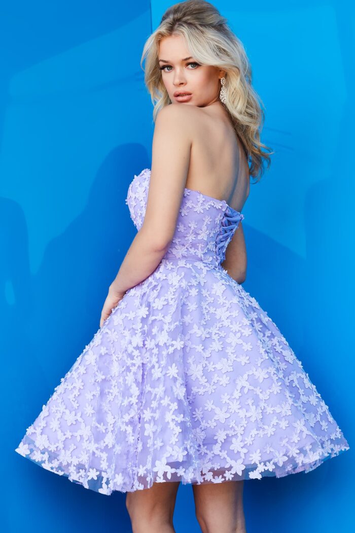Model wearing Jovani K02564 Lilac Fit and Flare Strapless Dress
