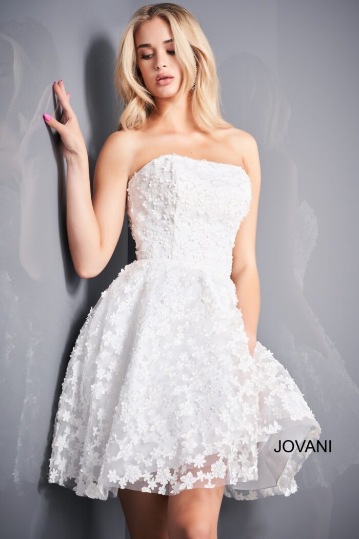 Model wearing Fit and Flare Floral Appliques Jovani K02564