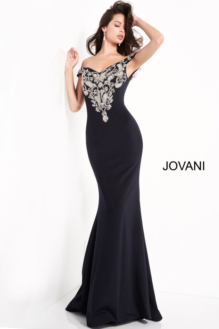 Model wearing Jovani 02576 Navy Off the Shoulder Embroidered Evening Dress