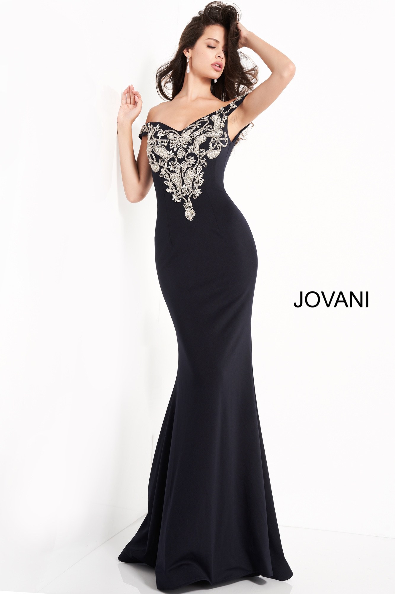 Jovani 02576 Navy Off the Shoulder Embroidered Evening Dress