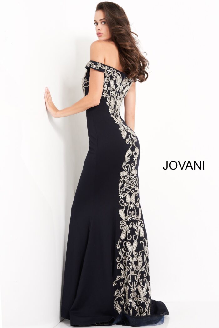Model wearing Jovani 02576 Navy Off the Shoulder Embroidered Evening Dress